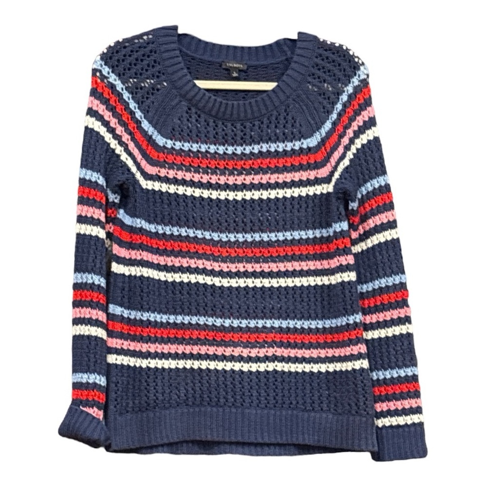 Talbots Navy loose knit crew neck sweater with stripes. Size S X 3